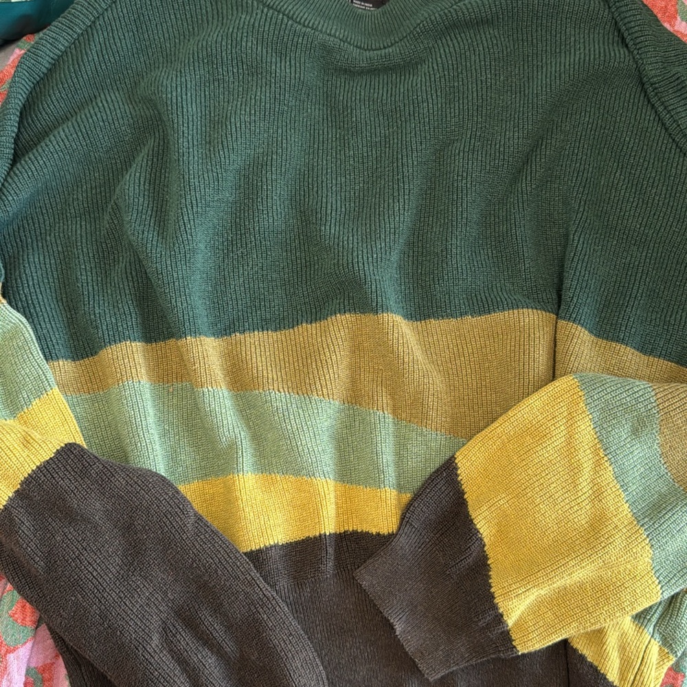 Prana Women's Green and Yellow Striped Crewneck Sweater